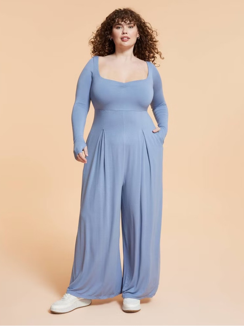 Plus Size Blue Long Sleeve Wide-Leg Blogilates Jumpsuit 2X